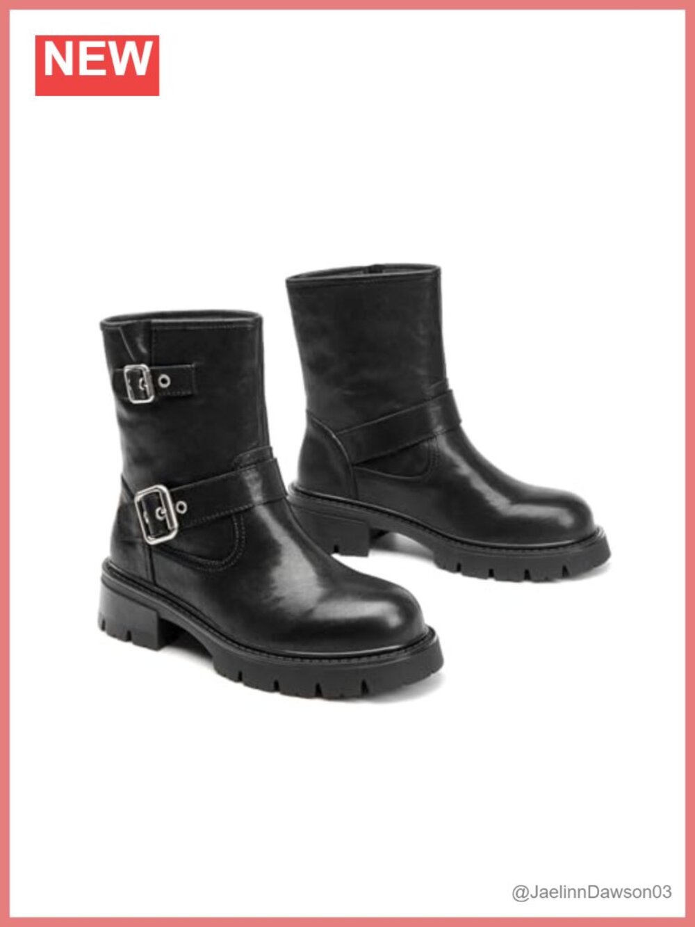 Leather Motorcycle Ankle Boots Block Heel Buckle Detail Pull-On
